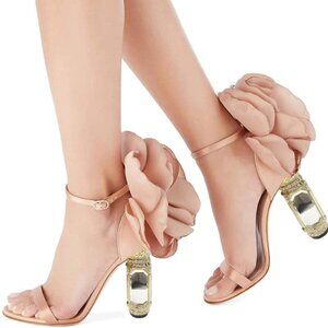 NIB FSJ Blush Satin Floral Sandals Crystal Decorative Heel Bridal Shoes